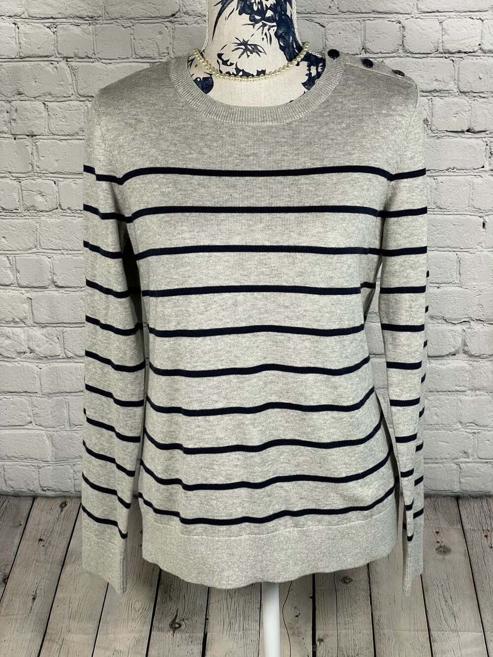 NWT Nautica Women's Striped Button-Shoulder 100% Cotton Sweater, Size M